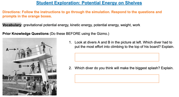 Student exploration potential energy on shelves